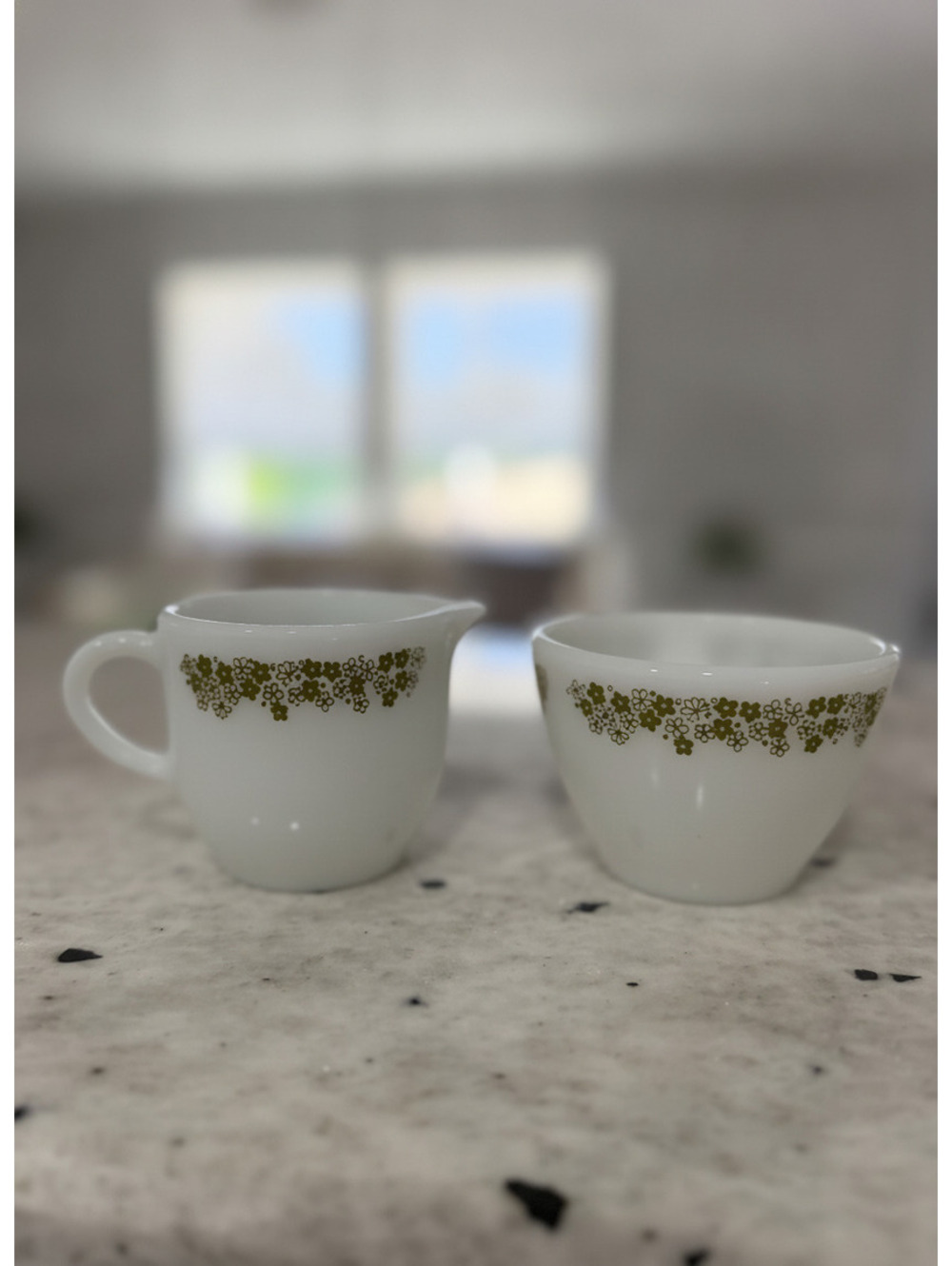 Vintage Pyrex Creamer and Sugar Bowl Set with Green Floral Pattern